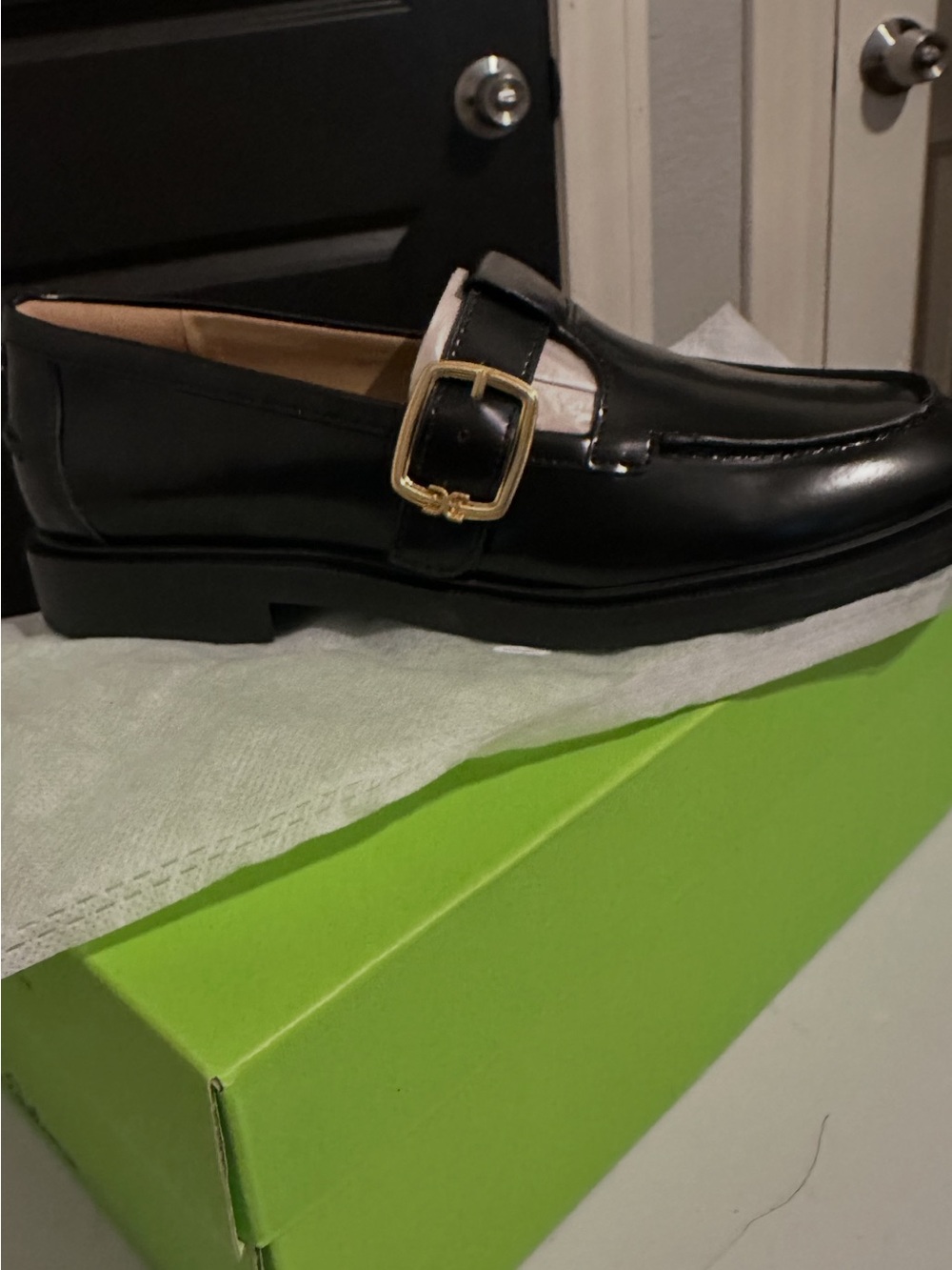 Sam Edelman Black Leather Loafers with Gold Buckle - Picture 2 of 4